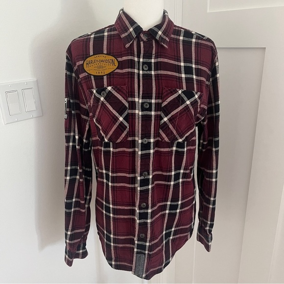 Vintage Harley Davidson Men's Red/Black plaid Button Up Shirt Patched Sz S *R - Picture 2 of 6